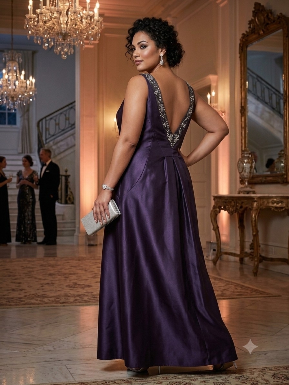 Ignite Evenings Plum Purple Satin Gown Beaded Illusion Neck 16W